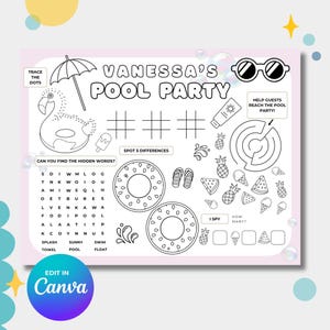 Pool Party favors - kids pool birthday party invitations - pool party games - pool party activity Birthday Activity Sheet-Editable Template
