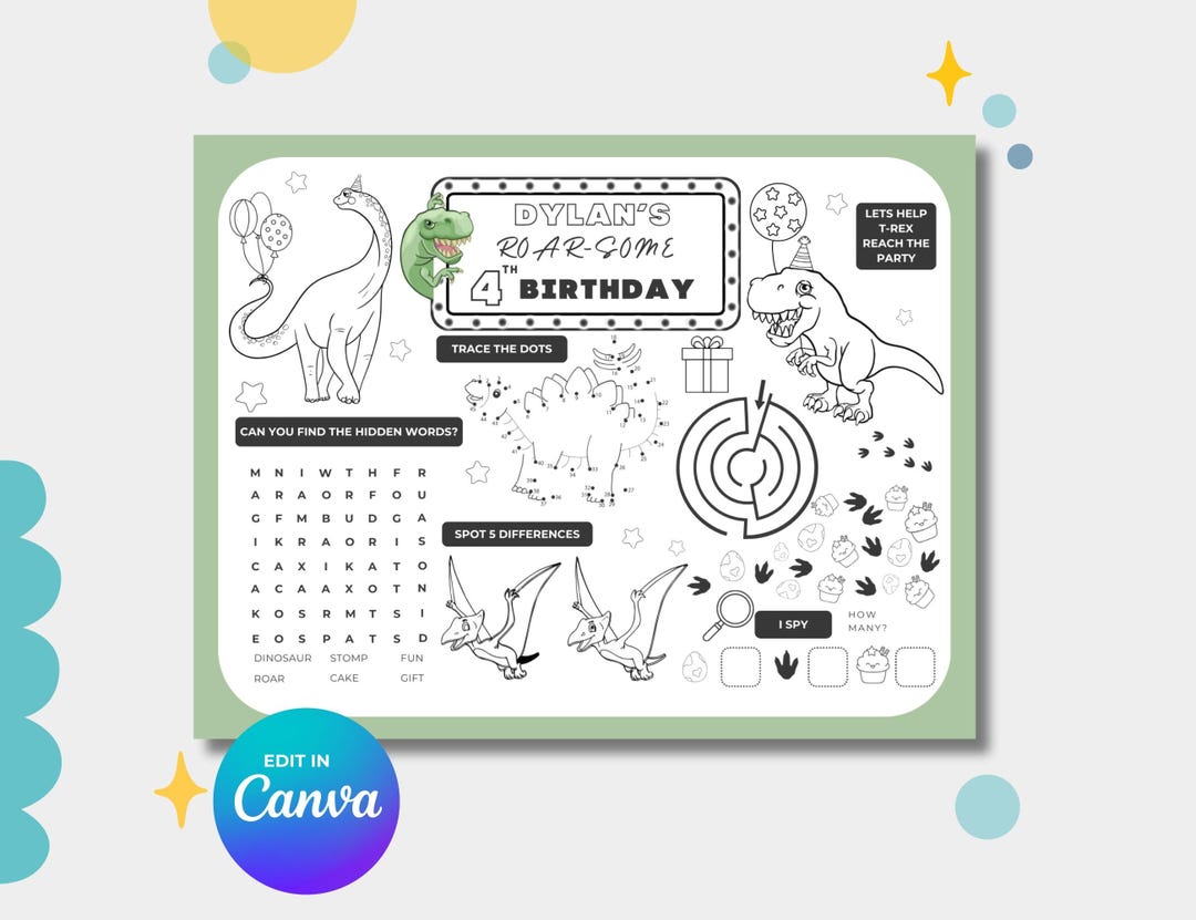 Editable Dinosaur Birthday Coloring Placemat (digital Download) - Etsy