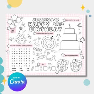 Girl Birthday Coloring Page For Kids - Printable Custom Birthday Coloring Placemat - Birthday Craft Activity Sheet - Editable Template