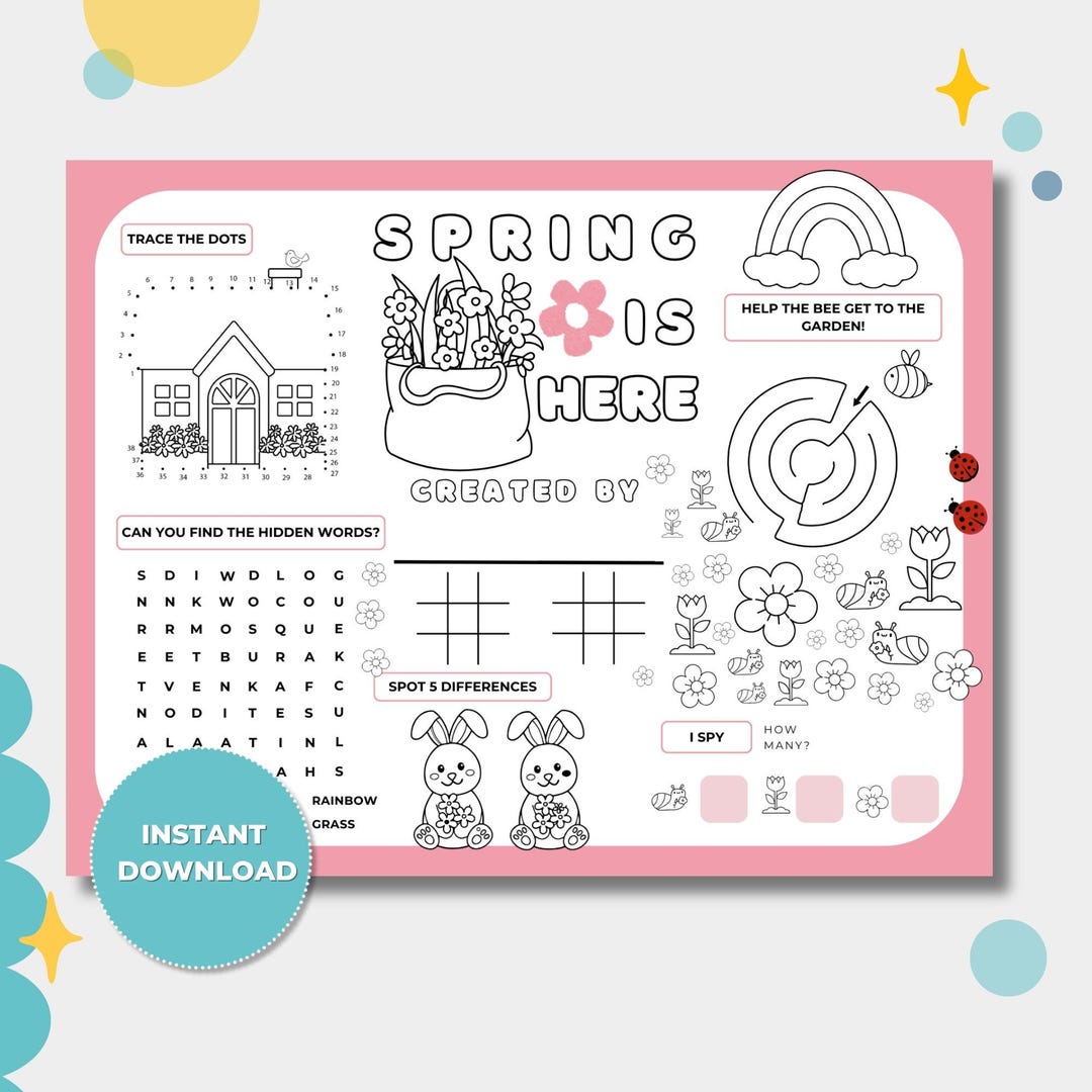 Spring Activity Placemat: Kids Printable Coloring Page (digital ...