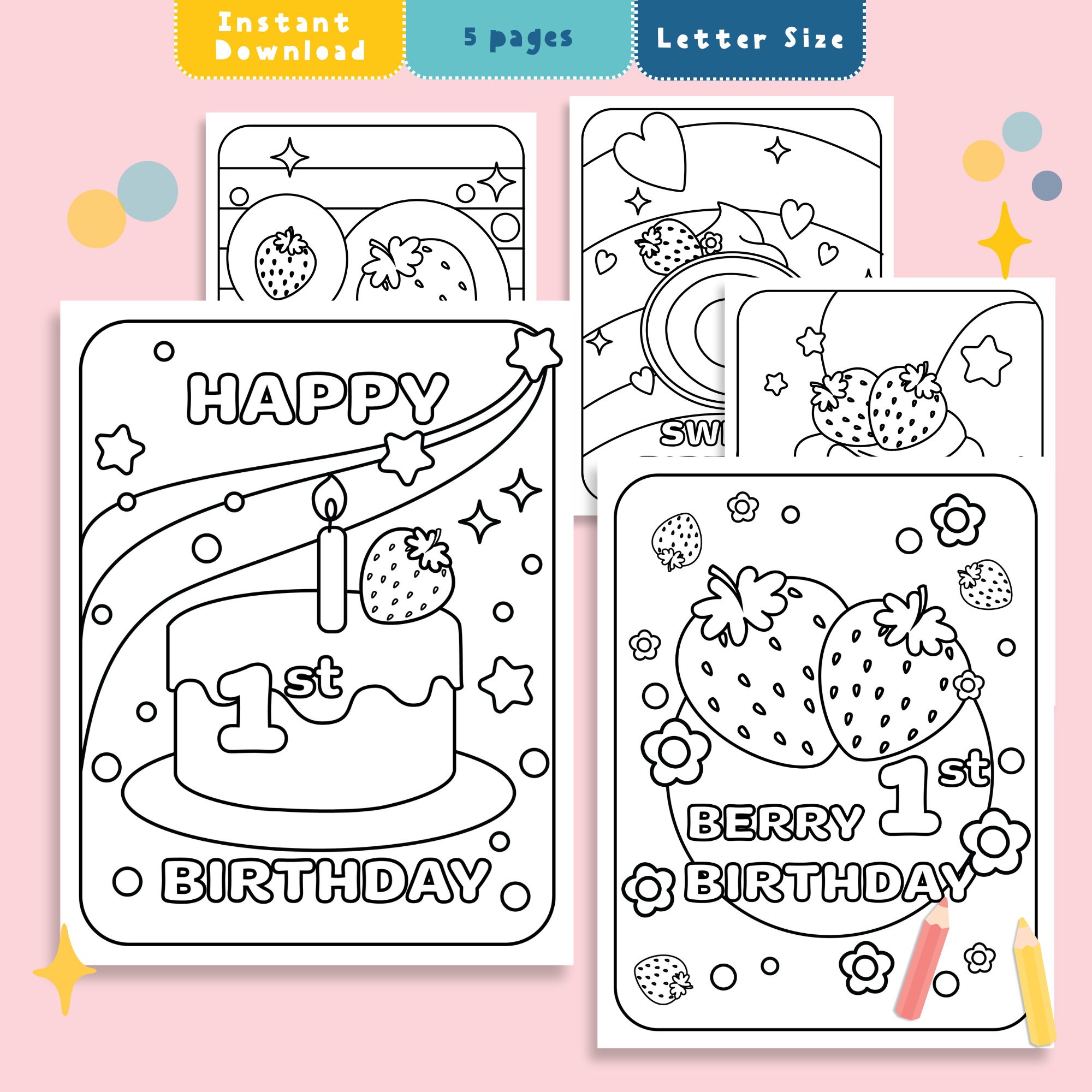 Strawberry Coloring Page, Berry First Birthday Decorations, Berry 1st Birthday Games, Strawberry ...