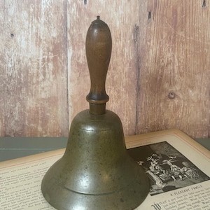 Antique Large Brass & Wood School Bell Original Clapper