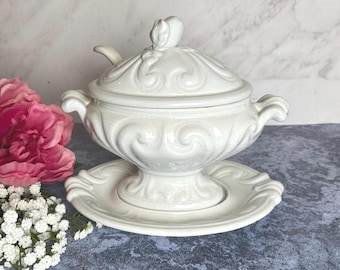 Berlin Swirl Sauce Tureen English dated 1856 Mayer & Elliot  4 pc white ironstone