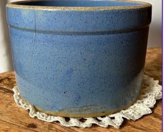 Salt Glaze Crock, French Blue,  Lard Butter Cheese Stoneware Pottery 7.25”x 4.5” tall