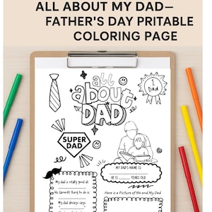 All About Dad Printable Coloring Page | Father’s Day Questionnaire | DIY Keepsake from Kids | Fill-in-the-Blank Activity for Dad