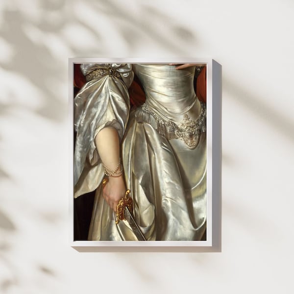 Woman in Satin Dress with Dagger / Sword. Neoclassical Fine Art, Vintage Gothic Renaissance Painting from the Victorian Era.