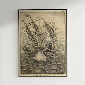 Sea Monster Giant Squid Octopus Kraken Vintage Print - Giant Octopus - Sea Monster - Mysterious Mythical Creature - Nautical Pirate Art
