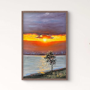 Original oil landscape painting, sunset, town, seascape, sea, sun, wall art, home decor, realism, colorful, tree, art, mountains, beach
