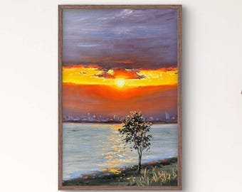 太陽 - エドヴァルド・ムンクの手描きの油絵の複製、太陽に覆われた空