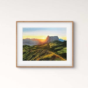 Dipinto ad olio su tela, paesaggio, tramonto, montagne, realismo, fotorealismo, arte su carta, cielo, 40 x 30 cm, arte murale, arredamento per la casa, natura, originale, arte