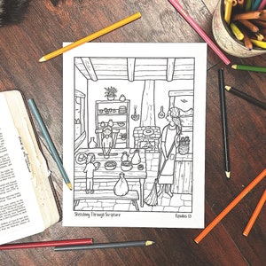 May include: A black and white line drawing of a woman sweeping the floor of a kitchen. There are two children in the kitchen, one sitting at a table and one standing. The text "Sketching Through Scripture" and "Exodus 13" is at the bottom of the image.