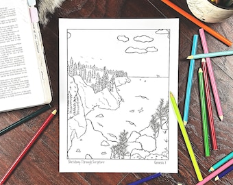 Genesis 1 Creation Story Bible Coloring Page Printable For Bible Study, Bible Journaling, Homeschool curriculum, Preschool, Sunday School