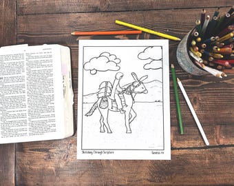 May include: A black and white colouring page featuring a person riding a donkey. The page has the text "Sketching Through Scripture" and "Genesis 44" at the bottom.