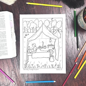 May include: A black and white line drawing of a scene from the Bible, Genesis 35. The image depicts a woman lying in a bed inside a tent, with another woman standing over her. The text "Sketching Through Scripture" and "Genesis 35" are at the bottom of the image.