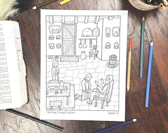 May include: A black and white colouring page depicting a scene from the Bible story of Genesis 27. The image shows a man sitting in a chair with a woman kneeling before him. There is a table with food on it in the background. The text "Stretching Through Scripture" and "Genesis 27" is at the bottom of the page.