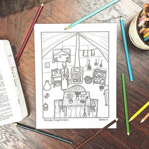 Puede incluir: Un dibujo en blanco y negro de una mujer cocinando en una tienda de campaña. El dibujo forma parte de una página para colorear titulada "Sketching Through Scripture" con la referencia bíblica "Génesis 18".