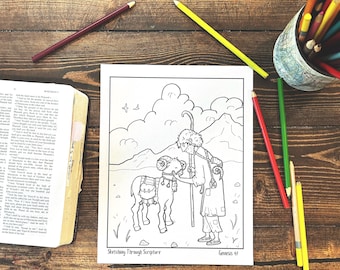 May include: A black and white illustration of a shepherd with a staff and a lamb, with the text "Sketching Through Scripture" and "Genesis 47". Coloured pencils and a Bible are on a wooden surface.