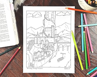 Genesis 11 Tower of Babel Kids Story Bible Coloring Page Printable For Torah Lesson, Children's Bible Study, Homeschool PDF Book Worksheet