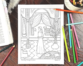 May include: A black and white line drawing of a woman standing in a room with a cat and a plant. The text "Sketching Through Scripture" and "Genesis 12" is at the bottom of the page.