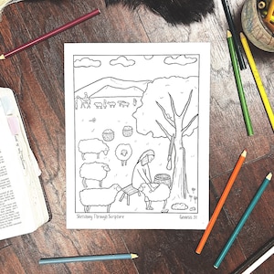 Puede incluir: Dibujo en blanco y negro de un hombre cuidando ovejas. El hombre está sentado en un taburete y sostiene un cubo. Hay ovejas en el fondo y un árbol en primer plano. El texto "Sketching Through Scripture" y "Génesis 31" está en la parte inferior de la página.