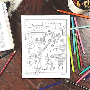 May include: A black and white line drawing of a biblical scene. The drawing depicts a man kneeling before another man in a robe and crown. The scene takes place in front of a building with a courtyard and a donkey. The text "Sketching Through Scripture" and "Genesis 19" is at the bottom of the page.