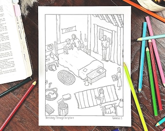 May include: A black and white coloring page depicting a scene from the Bible story of Genesis. The image shows a family gathered in a room with a bed, a table, and other furniture. The text "Sketching Through Scripture" and "Genesis 5" is at the bottom of the page.