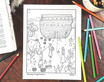 Genesis 7 Arche Noah Tiergeschichte Schrift Malseite zum Ausdrucken Für Kinder Bibelstudie, Sonntagsschulkirche, christliches Vorschularbeitsblatt