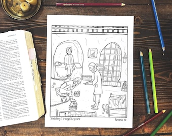 May include: A black and white colouring page depicting a scene from the Bible story of Joseph in prison. The illustration shows Joseph, a man in prison, and a man bringing him food. The text "Sketching Through Scripture" and "Genesis 40" is included on the page.