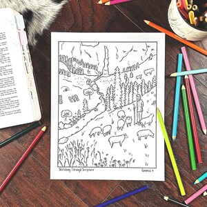 May include: A black and white coloring page featuring a shepherd with a staff and sheep in a mountainous landscape. The text "Sketching Through Scripture" and "Genesis 4" is at the bottom of the page.