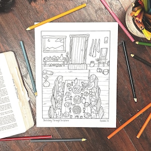 May include: A black and white coloring page depicting a scene from the Bible, Exodus 12. The image shows a family gathered around a table, with food and wine, celebrating the Passover. The text "Sketching Through Scripture" and "Exodus 12" are included in the image.