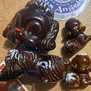 1950s Vintage Mid Century Modern Redware Pottery, brown poodle figurines