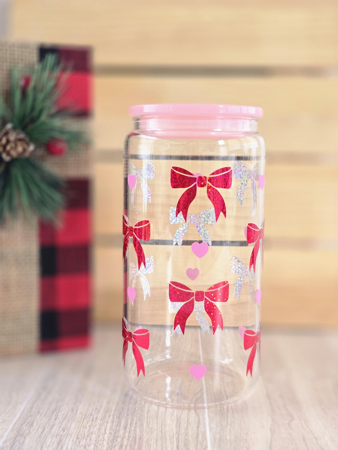 Pink Bow Glass Cup With Lid, Red Glitter Hearts, Reusable 16oz - Etsy