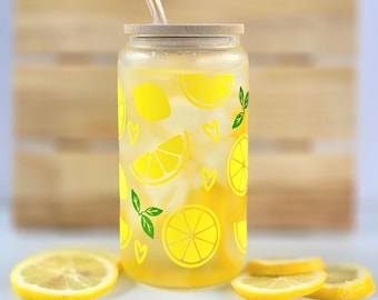 Lemonade Glass Cup: 16oz Citrus Drink Tumbler with Bamboo Lid
