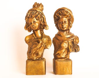 Vintage Italian Luigi Paoletti Gold Busts Set of 2 | Male & Female Bust Sculpture | Gold Tone Italian Figurines | Old World Antique Style