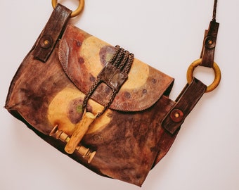 Vintage Tooled Genuine Leather Handmade Green Pattern Bohemian Crossbody Shoulder Handbag Bag | Artist Signed | 1970s Fashion Design | MCM