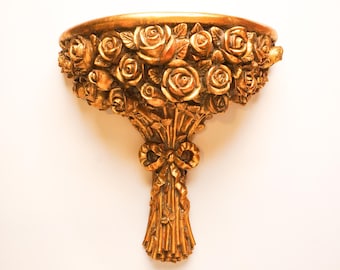 Vintage Gold Rose Bouquet Wall Shelf | Ornate Floral Wall Decor | Hollow Lightweight Shelf | French Country Cottage Decor Shabby Chic