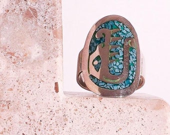 Vintage Taxco Mexican Sterling Silver Crushed Turquoise Inlay Ring | Alligator Crocodile Motif | Boho Jewellery | Taxco Mexico | Unique Gift