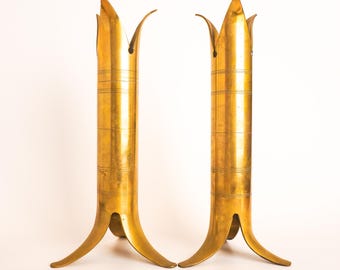 Vintage Brass Trench Art Vases Set Of 2 | Minimalist Modernist Brass Vessels Pair | Mid Century Modern Style