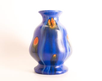 Vintage MCM Belgium Pottery Bright Blue Yellow Orange Vase Vessel Stamped 330 Made In Belgium | Mid Century Modern | Modernist | Collectable