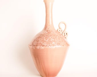Vintage Handmade Studio Pottery Neutral Beige Cream Crystalline Pottery Vase Vessel With Handle Artist Signed Collectable Pottery