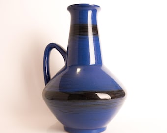 Vintage MCM Carstens Austria Pottery Dark Blue Black Stripe Large Vase Vessel With Handle Stamped 1507/27 Made In Austria Mid Century Modern