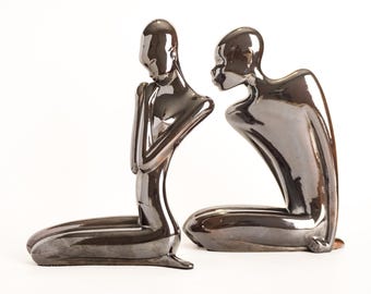 Vintage Mid Century Modern Abstract Black High Gloss Couple Male Female Sculpture Figurine Statue Set Of 2 | Modernist Decor