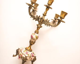 Vintage Brass & Floral Porcelain Candelabra | Large Candle Holder Centrepiece | Embellish AIT Australia Old World Antique Style