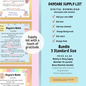 Daycare Supply List, Daycare Flyer Supply List, Daycare