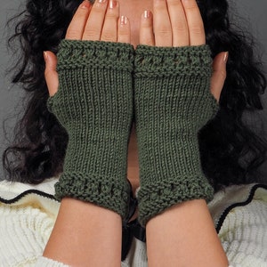Handmade Seamless Green Fingerless Knitted Gloves - Wool Mittens - Winter gloves for Women