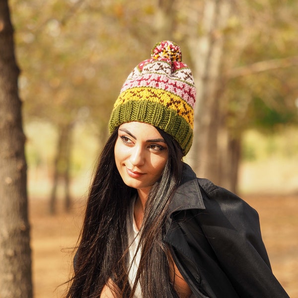 Multicolor Beanie and Neck Scarf Set - Hand Knit Neck Wear - Anatolian Pattern Beanie - Ethnic Bobble Beanie - Knit Handmade Beret and Cowl