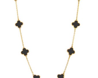 Collar floral de ónix en oro amarillo de 14 quilates / Ajustable de 16 a 18 pulgadas.