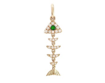 14K Solid Yellow Gold Natural Sapphire, Ruby or Emerald and Diamond Lucky Fish Pendant Charm