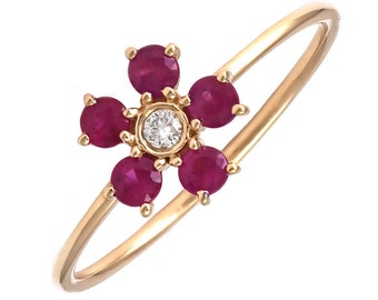 14K Yellow Gold Diamond & Ruby Flower Ring