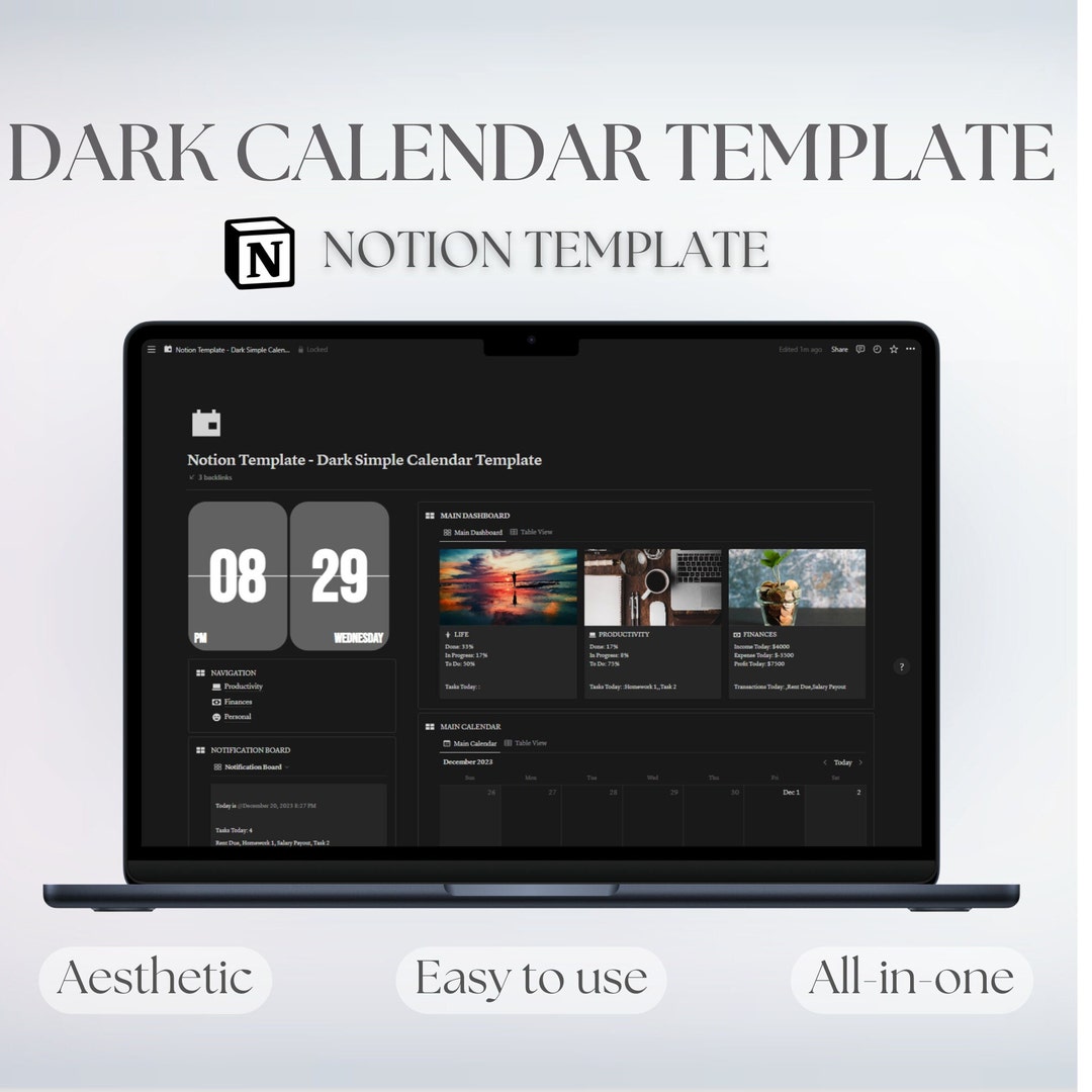 Dark Simple Notion Calendar Template Planner All in One Notion ...